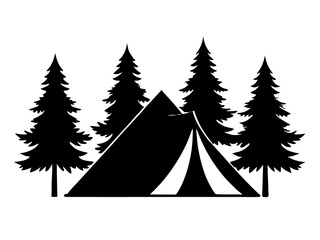 camping tent surrounded by pine trees nature  black silhouette vector
