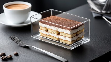 Premium tiramisu dessert in transparent glass container with perfect layered mascarpone and ladyfinger presentation alongside espresso cup on elegant dark surface