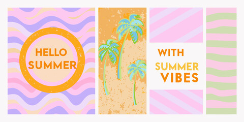 Bright and cheerful summer greetings with tropical palm trees and abstract wavy patterns