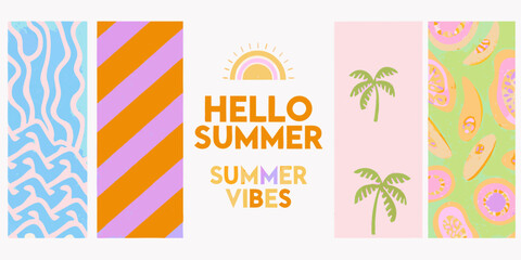 Vibrant hello summer vibes collage featuring abstract waves diagonal stripes palm trees and fruit slices