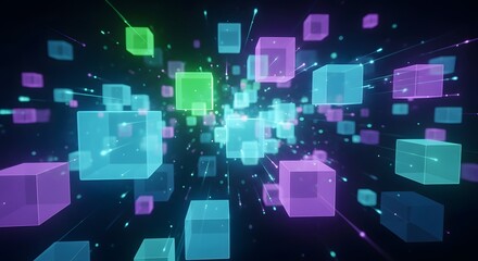 Abstract digital art featuring translucent, colorful cubes floating against a dark background.