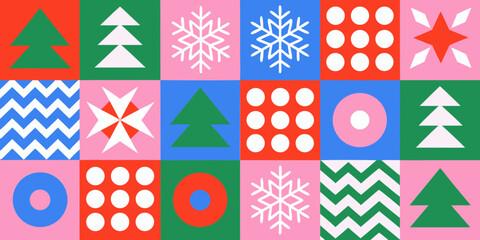 Retro geometric christmas pattern with trees snowflakes and dots in bold colors