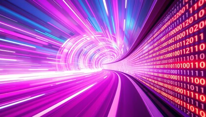 Digital data stream with binary code and light trails.