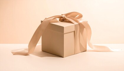 Gift Wrapping Flatlay Mockup: Beige gift box with satin ribbon, presented in a minimalist flat lay composition against a pale background, conveying a calm and elegant