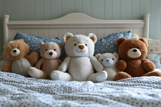 Bed covered with teddy bears.