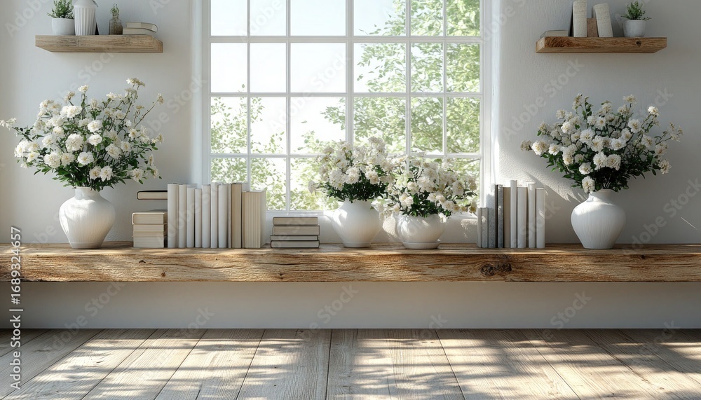 Poster interior with white flowers and books sit window shelf in soft light. use this calming image to repr