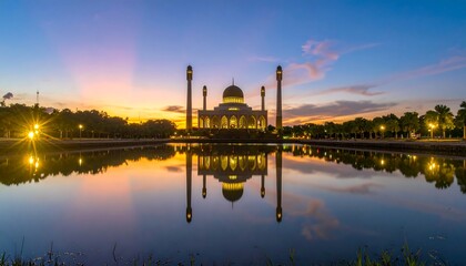 Obraz premium Mosque reflected in tranquil water at sunset