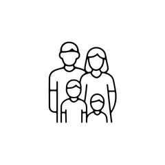 Simple line art icon representing a family of four two adults and two children, standing together