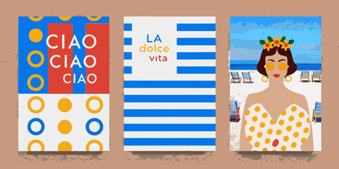 Collection of italian themed graphic art posters featuring ciao and la dolce vita with beach scene