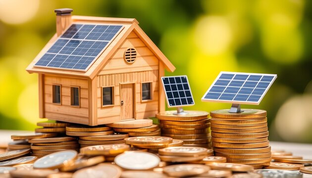 A miniature wooden house with solar panels on its roof, surrounded by stacks of coins, symbolizing investment in renewable energy and sustainable living.