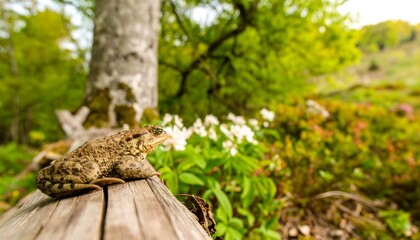 Obraz premium Toad on log, forest backdrop