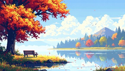 autumnal landscape featuring a bench next to a calm lake, inviting a moment of peace and contemplation. The vibrant foliage reflects in the still water.