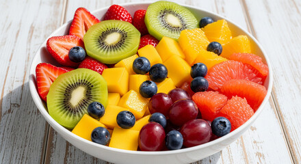 A bowl of fresh mixed fruit including chinese pear, strawberries, kiwi, mango, blueberries, grapes, and grapefruit slices is arranged invitingly.