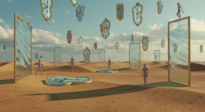 A surreal desert landscape with melting clocks mirrors and human figures under a cloudy sky