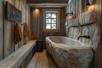 Stone sink in a wooden bathroom.