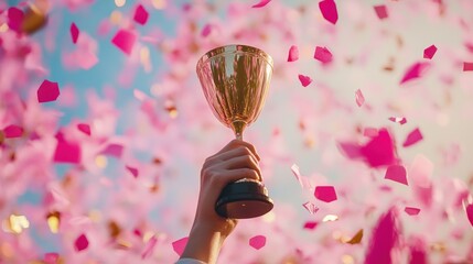 Hand holding gold trophy aloft, confetti shower, celebratory atmosphere