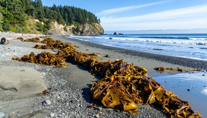 Sunny beach scene with seaweed