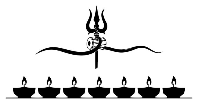 Shiva trident damaru and diya row silhouette