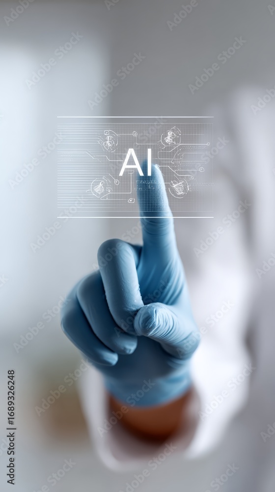 Poster medical professional interacting with holographic ai interface, highlighting technological advanceme