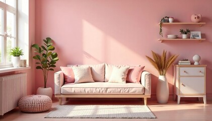 Cozy domestic scene featuring a pink background, soft furnishings, and homey details Perfect for blogs, websites, and projects needing a feminine, gentle aesthetic , feminine, domestic