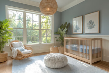 Baby room with white furniture against blue wall.