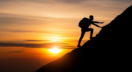 Silhouette of person climbing steep mountain slope at sunrise.