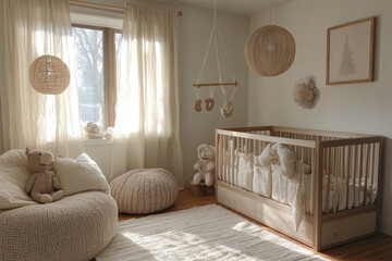 Crib in nursery room with toys and a rocking chair.