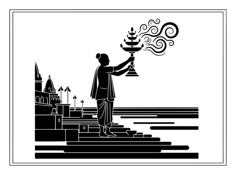 Varanasi Ganga aarti priest silhouette vector illustration