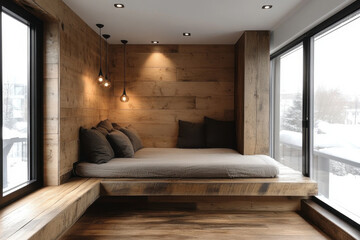 Bed against wooden wall in small bedroom