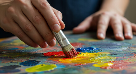 Obraz premium Artist's hand expertly mixes vibrant colors on palette, creating a masterpiece with focused intent.