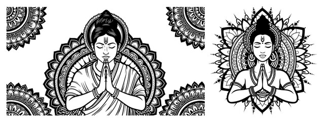 Buddha namaste mandala pair engraving vector