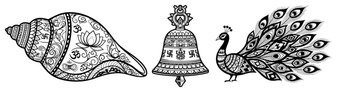 Hindu puja items Shankha conch Ghanta bell and peacock icons collection set