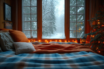 Christmas tree next to a cozy bed with a soft blanket.