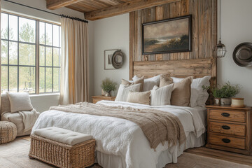 Large bed in rustic bedroom with sunlight pouring through large window.