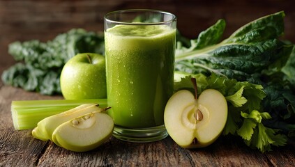 Fresh green juice surrounded by celery stalks, whole and sliced green apples, and leafy greens on a rustic wooden surface. Healthy and vibrant
