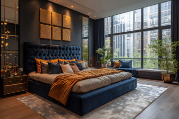 Large bed by the window in a clear and bright bedroom.
