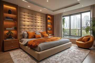Bedroom with a window overlooking a chair next to a neatly made bed.