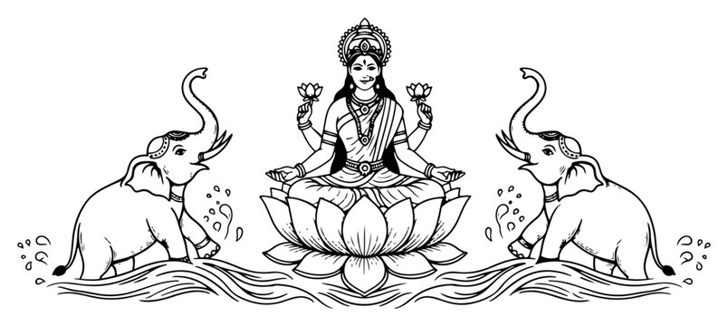 Lakshmi seated on lotus with elephants outline vector illustration