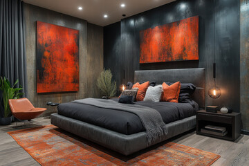 Large bed in bedroom with a painting on the wall.