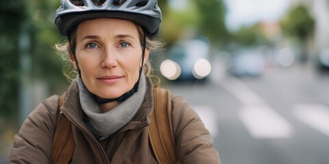 Portrait of middle aged woman in helmet riding bicycle in city street, eco friendly urban lifestyle concept, healthy commuting, active transport, safety, fitness, and sustainable living.