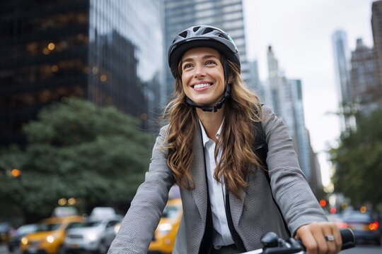 Smiling businesswoman in suit and helmet riding bicycle on busy city street. Concept of eco transport, sustainable lifestyle, urban commuting, independence, health, and modern future. - Powered by Adobe