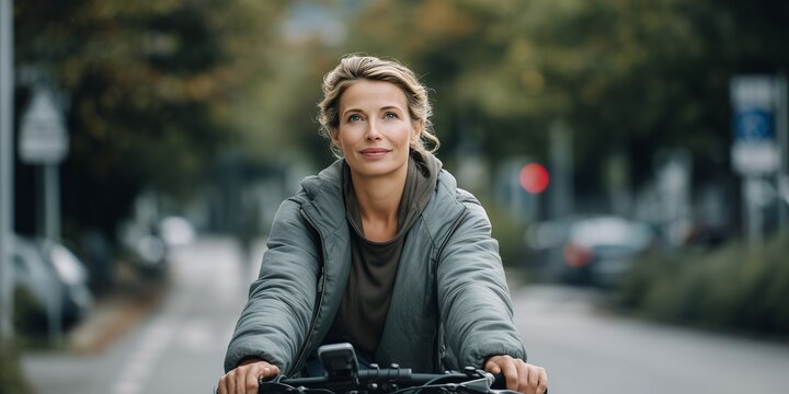 Woman riding bicycle on city street, casual outfit and relaxed expression. Concept of eco transport, healthy lifestyle, commuting, mobility, environment, sustainability and urban daily routine.