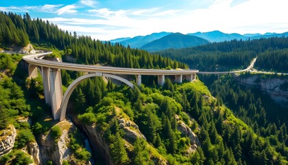 Fototapeta premium Aerial view of a concrete bridge spanning a lush green valley with dense forest and distant mountains.