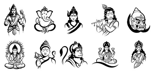 Hindu gods and goddesses icons collection brush stroke illustration
