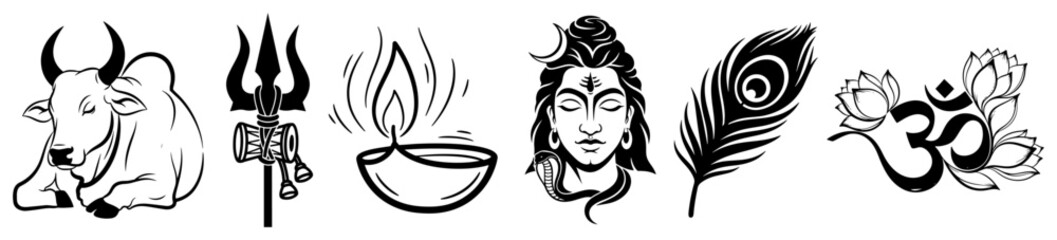 Maha Shivaratri symbols with Shiva Nandi Trishula and Om vector silhouette