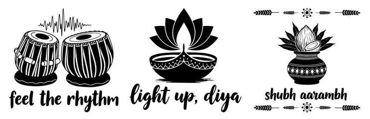 Tabla diya kalash slogan icon set engraving vector