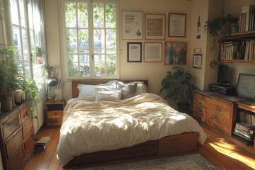 Bedroom with a bed, desk, and TV.
