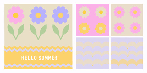 Cute pastel floral patterns and hello summer text with wavy borders and flowers