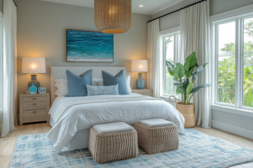 Large bed next to a large window in a bedroom.