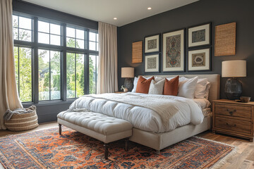 Large bed in front of a large window.